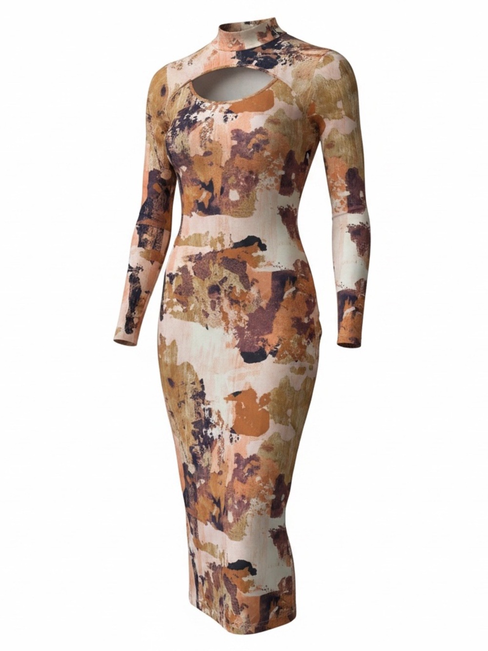 Nina Parker Peach Multi Abstract Cutout Long Sleeve Maxi Dress